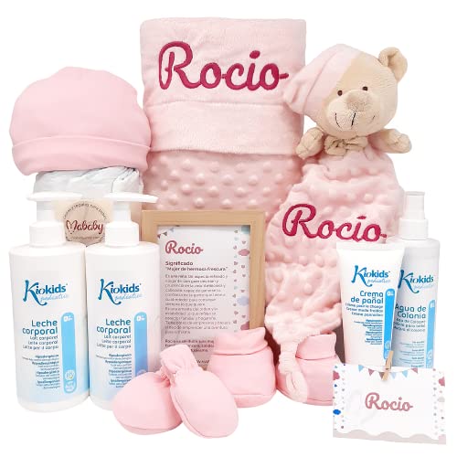 Canastilla de Regalo para Bebé - Bubble Dou dou de Mababy - Manta Bebé y Dou dou con Textura Burbujas Extra Suave Personalizados con el Nombre del bebé - Cesta de Regalo para Recién Nacido. (Rosa)