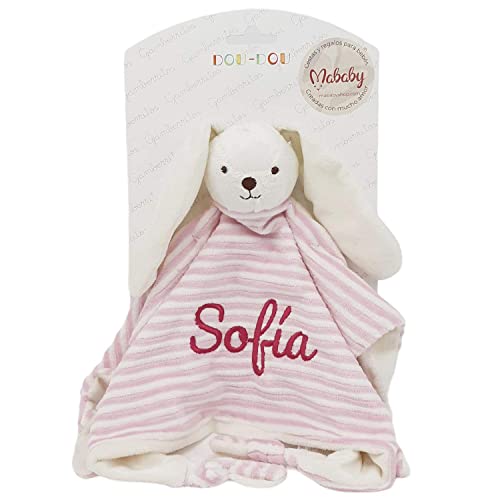 Canastilla Personalizada de Recién Nacido - Soft and Happy de Mababy - Manta y Dou dou Conejito Personalizados con el Nombre del Bebé y Set de higiene para Bebés - Cesta Regalo Bebé. (Rosa)