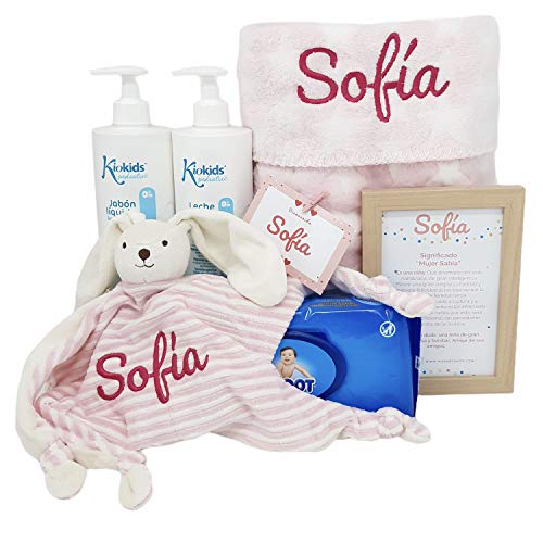 Canastilla Personalizada de Recién Nacido - Soft and Happy de Mababy - Manta y Dou dou Conejito Personalizados con el Nombre del Bebé y Set de higiene para Bebés - Cesta Regalo Bebé. (Rosa)