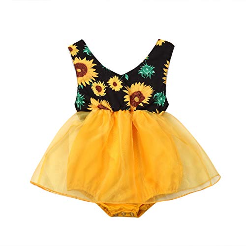 Carolilly Vestido Niña 0-18 Meses Mameluco Falda para Bebé Recién Nacido Mono de Tul Estampado Floral Girasol sin Mangas para Bebés Niñas