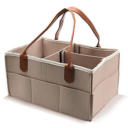 Cesta organizadora para pañales de bebé, portátil, grande, para guardería, con compartimentos intercambiables para cambiador, anillo de dentición, pañal, cesta de regalo para bebé (beige)