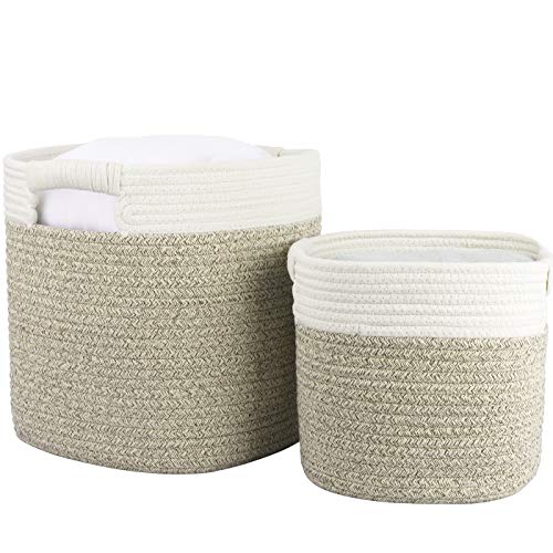 Cesta ropa sucia de algodón, cesta almacenaje de cuerda de algodón con asas, cesta ropa sucia bebe, 29.5cm(L)x29.5cm(W) x 31cm(H), Blanco y marrón claro, Set 2