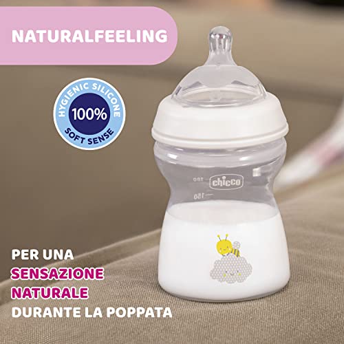 Chicco Natural Feeling Biberón Anticolica 2 meses + 250 ml Biberón con tetina de silicona suave y flexible, apto para lactancia mixta, flujo medio, color neutro