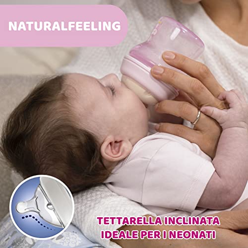 Chicco Natural Feeling Biberón Anticolica 2 meses + 250 ml Biberón con tetina de silicona suave y flexible, apto para lactancia mixta, flujo medio, color neutro