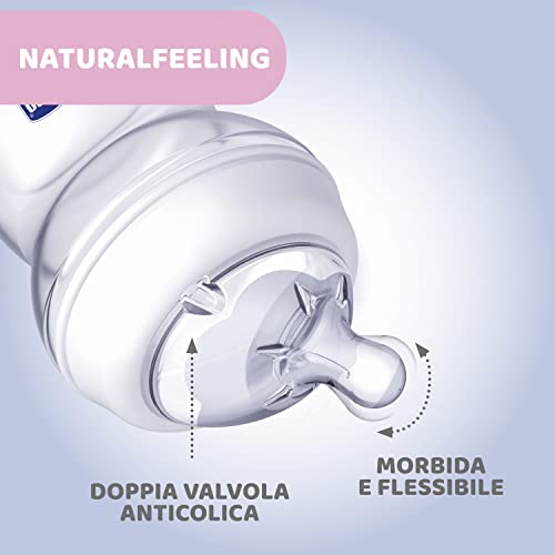 Chicco Natural Feeling Biberón Anticolica 2 meses + 250 ml Biberón con tetina de silicona suave y flexible, apto para lactancia mixta, flujo medio, color neutro