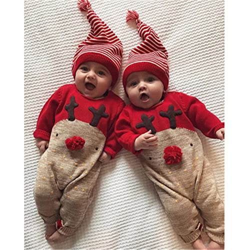 Chollius Body bebé 0-3 años de manga larga con diseño de Papá de Navidad y reno con sombrero con botón de Navidad caliente para invierno Combinación cómoda regalo fotografía, Rojo-marrón., 80 cm