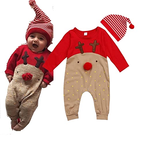 Chollius Body bebé 0-3 años de manga larga con diseño de Papá de Navidad y reno con sombrero con botón de Navidad caliente para invierno Combinación cómoda regalo fotografía, Rojo-marrón., 80 cm