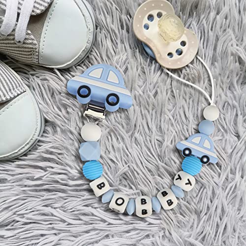 Chupetero Personalizado para Bebe con Nombre Cadenas Chupetes Mordedor de Coche Perlas de dentición de Silicona para Niño Chicas Regalo de Ducha(Azul)