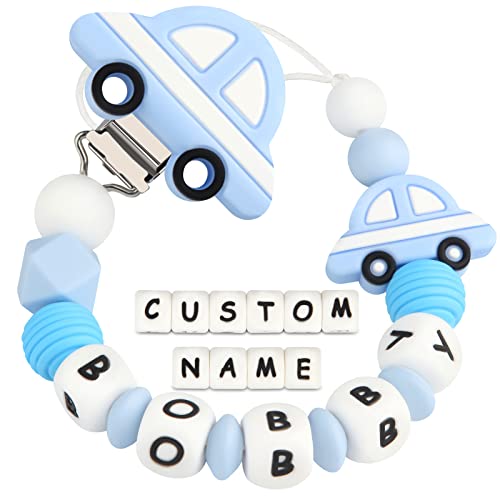 Chupetero Personalizado para Bebe con Nombre Cadenas Chupetes Mordedor de Coche Perlas de dentición de Silicona para Niño Chicas Regalo de Ducha(Azul)