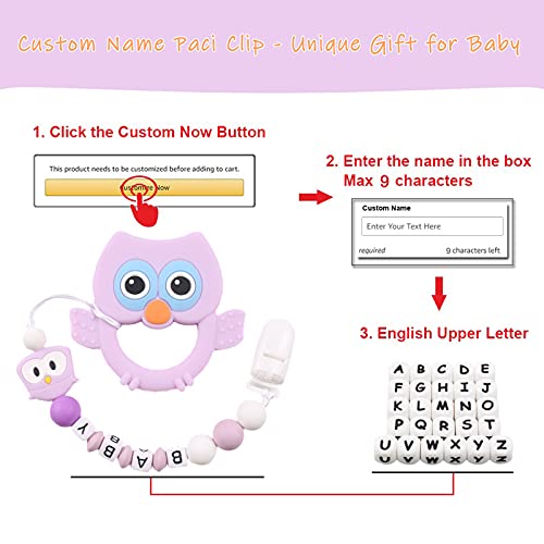 Clip Chupete Bebé Personalizado con Nombre Lovey Silicona Búho Juguetes Calmantes Cuentas Letras Soporte Clip Chupete Masticable para Bebés Recién Nacidos Sin BPA para Niños Niñas - Morada