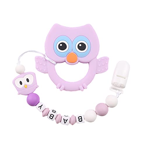 Clip Chupete Bebé Personalizado con Nombre Lovey Silicona Búho Juguetes Calmantes Cuentas Letras Soporte Clip Chupete Masticable para Bebés Recién Nacidos Sin BPA para Niños Niñas - Morada