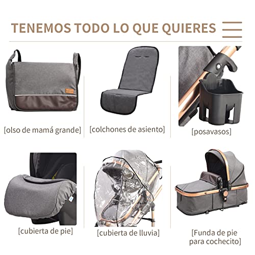 Cochecito Trio 3 en 1 2 en 1, capazo compacto Khaki 3 en 1 con capazo, sistema combinado con sillita de paseo, capazo con colchón, bolso, de nacimiento, cochecito de bebé de 0 a 15 kg, plegable (gris)