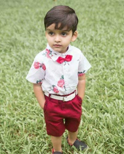 Conjunto Niño Bebé Verano Gentleman Camiseta de Manga Corta Pantalón Corto Ropa Bautizo de 2 Piezas Traje Formal Camisa con Estampado Floral y Pajaritas + Shorts con Cinturón para Caballero, 6 Años