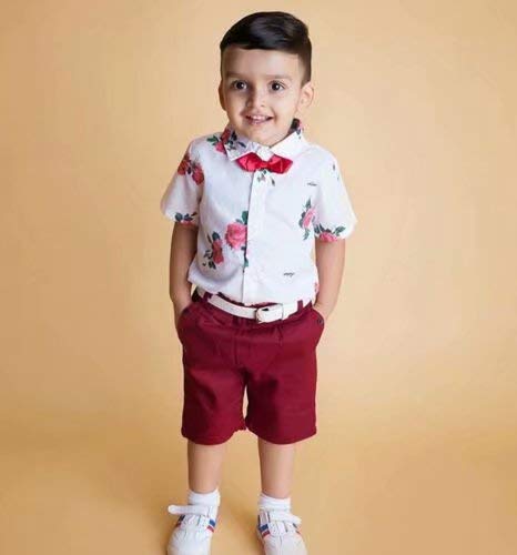 Conjunto Niño Bebé Verano Gentleman Camiseta de Manga Corta Pantalón Corto Ropa Bautizo de 2 Piezas Traje Formal Camisa con Estampado Floral y Pajaritas + Shorts con Cinturón para Caballero, 6 Años