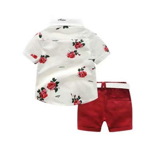 Conjunto Niño Bebé Verano Gentleman Camiseta de Manga Corta Pantalón Corto Ropa Bautizo de 2 Piezas Traje Formal Camisa con Estampado Floral y Pajaritas + Shorts con Cinturón para Caballero, 6 Años