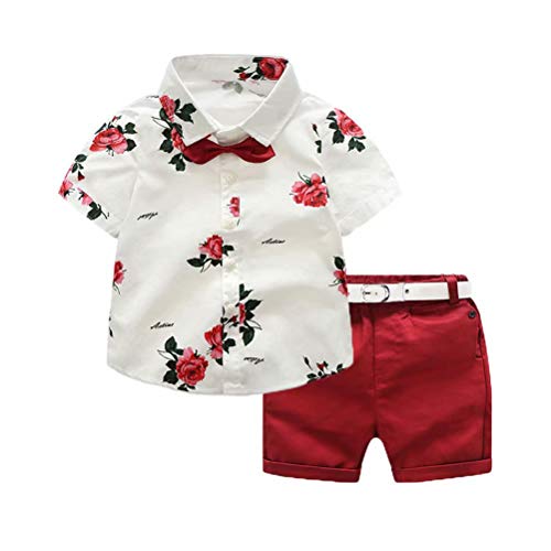 Conjunto Niño Bebé Verano Gentleman Camiseta de Manga Corta Pantalón Corto Ropa Bautizo de 2 Piezas Traje Formal Camisa con Estampado Floral y Pajaritas + Shorts con Cinturón para Caballero, 6 Años