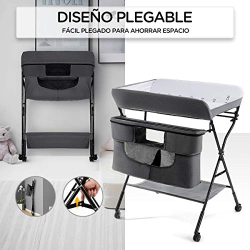 COSTWAY Cambiador de Pañales Plegable con Ruedas y Espacio de Almacenamiento Cambiador para Bebé Altura Ajustable Carga hasta 11kg (gris)