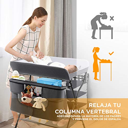 COSTWAY Cambiador de Pañales Plegable con Ruedas y Espacio de Almacenamiento Cambiador para Bebé Altura Ajustable Carga hasta 11kg (gris)