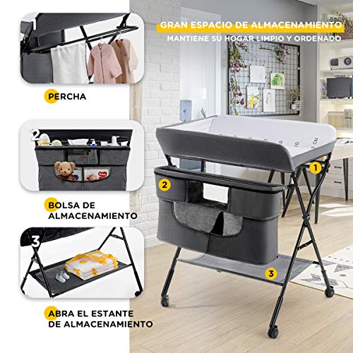 COSTWAY Cambiador de Pañales Plegable con Ruedas y Espacio de Almacenamiento Cambiador para Bebé Altura Ajustable Carga hasta 11kg (gris)