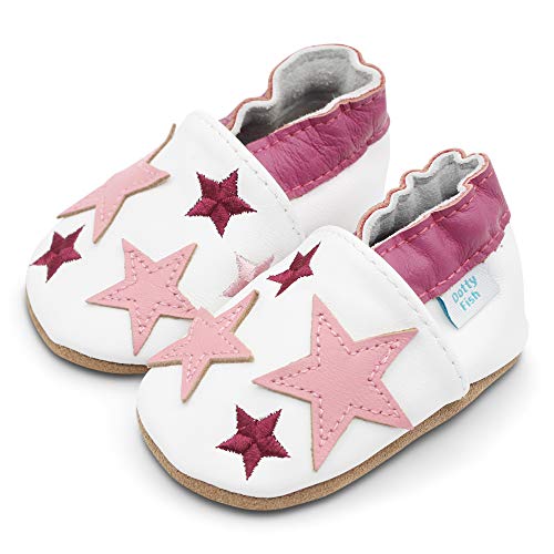 Dotty Fish Zapatos de Cuero Suave para bebés. Antideslizante. Blanco con Estrellas Rosas. 6-12 Meses (19 EU)