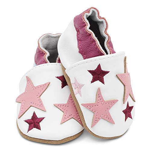 Dotty Fish Zapatos de Cuero Suave para bebés. Antideslizante. Blanco con Estrellas Rosas. 6-12 Meses (19 EU)