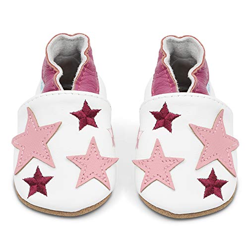 Dotty Fish Zapatos de Cuero Suave para bebés. Antideslizante. Blanco con Estrellas Rosas. 6-12 Meses (19 EU)