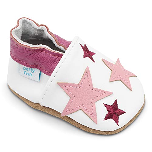 Dotty Fish Zapatos de Cuero Suave para bebés. Antideslizante. Blanco con Estrellas Rosas. 6-12 Meses (19 EU)