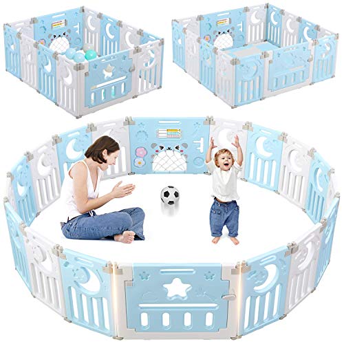 Dripex Parque para Bebés, Corralito Bebe, Centro de Actividades para Niños, Patio de Juegos de Seguridad Hogar Interior Exterior de 0 a 6 Años, Plegable 12 + 2 paneles, Azul-blanco