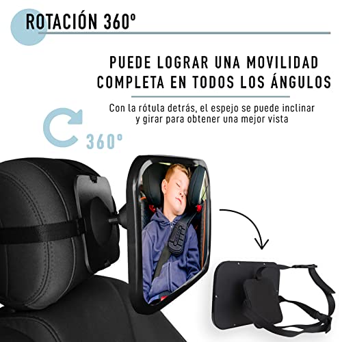 Espejo de Coche para Bebés para Asientos Traseros Orientados Hacia Atrás. Tamaño XL Rotación 360° Inclinable. Espejo para Asiento Trasero de Coche. Espejo Retrovisor para Vigilar al Bebé en su Silla