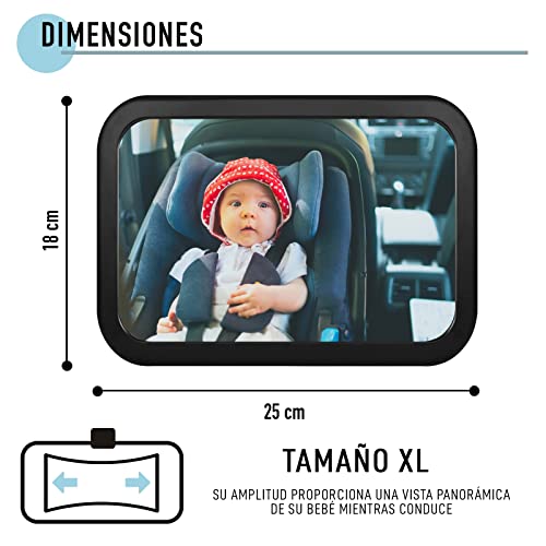 Espejo de Coche para Bebés para Asientos Traseros Orientados Hacia Atrás. Tamaño XL Rotación 360° Inclinable. Espejo para Asiento Trasero de Coche. Espejo Retrovisor para Vigilar al Bebé en su Silla