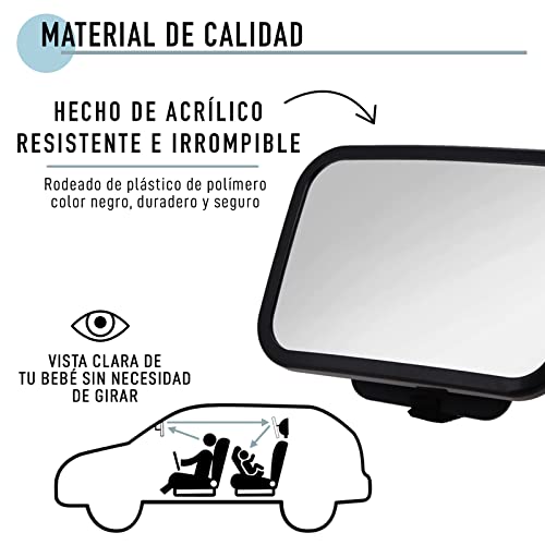 Espejo de Coche para Bebés para Asientos Traseros Orientados Hacia Atrás. Tamaño XL Rotación 360° Inclinable. Espejo para Asiento Trasero de Coche. Espejo Retrovisor para Vigilar al Bebé en su Silla