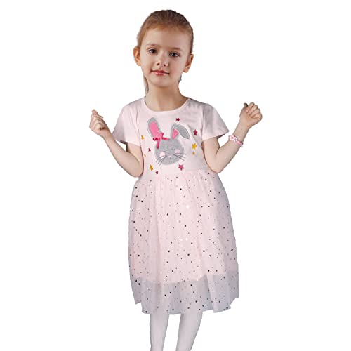 FILOWA Vestidos para Niña Rosa Lentejuelas Bordado Tul Algodón Verano Manga Corta Baratos Fiesta Casual Animal Estampados Princesa Modernos Vestido 5-6 años, 6T