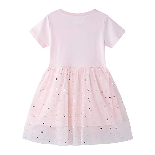 FILOWA Vestidos para Niña Rosa Lentejuelas Bordado Tul Algodón Verano Manga Corta Baratos Fiesta Casual Animal Estampados Princesa Modernos Vestido 5-6 años, 6T