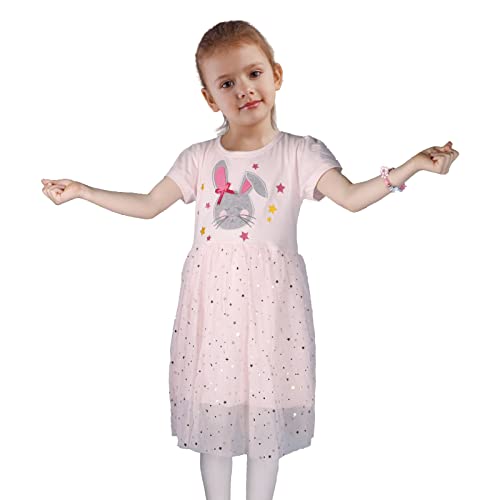 FILOWA Vestidos para Niña Rosa Lentejuelas Bordado Tul Algodón Verano Manga Corta Baratos Fiesta Casual Animal Estampados Princesa Modernos Vestido 5-6 años, 6T