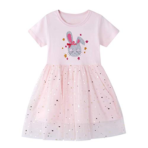 FILOWA Vestidos para Niña Rosa Lentejuelas Bordado Tul Algodón Verano Manga Corta Baratos Fiesta Casual Animal Estampados Princesa Modernos Vestido 5-6 años, 6T