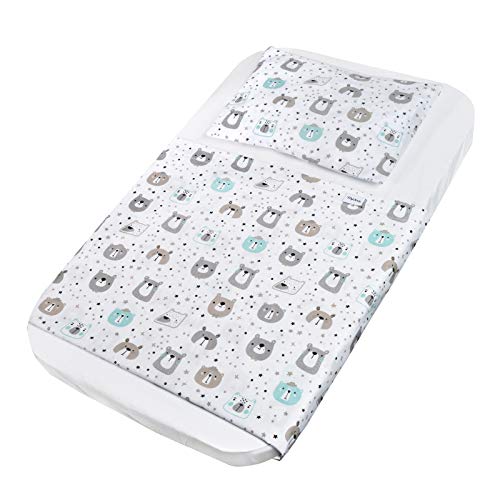 FlyIdeas Juego de Sabanas para Capazo de Bebe Conjunto 3 Pcs 75x35 cm Carro y Cochecito | 1 Sabana Bajera Ajustable 1 Sabana Encimera y 1 Funda Almohada - 100% Algodòn Cert Oeko-Tex