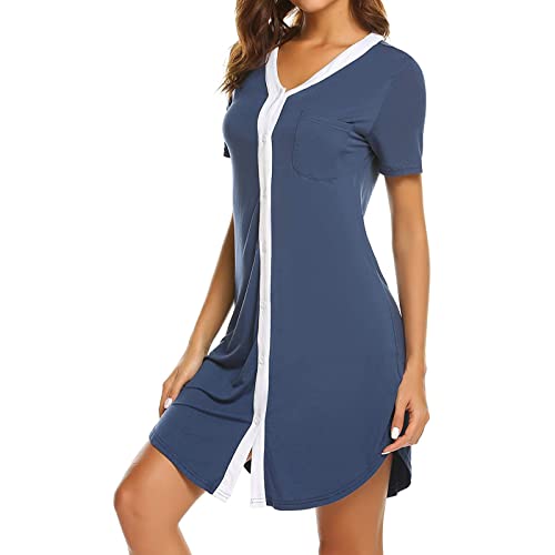 Flysnow Camisón de maternidad para mujer, de manga larga/corta, sin mangas, ropa de dormir, para embarazo, lactancia, lactancia, lactancia, camisón de entrega, vestido de hospital, S-2XL, azul, L