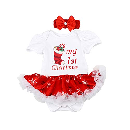 FYMNSI Bebé Niña Mi Primera Navidad Vestido Árbol de Navidad Calcetines Reno Princesa Tutú Falda + Diadema + Zapatos Conjunto de Ropa 3pcs Infantil Fiesta Fotografía Blanco Calcetines 0-3M