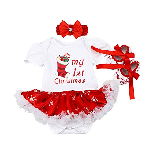 FYMNSI Bebé Niña Mi Primera Navidad Vestido Árbol de Navidad Calcetines Reno Princesa Tutú Falda + Diadema + Zapatos Conjunto de Ropa 3pcs Infantil Fiesta Fotografía Blanco Calcetines 0-3M