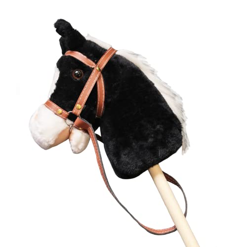 GERILEO Caballo Palo de Juguete con Sonido - Cabeza Caballo de Peluche con Palo de Madera - Caballo de Juguete para Niños y Niñas - 80cm - Diversos Colores Divertidos (Negro)