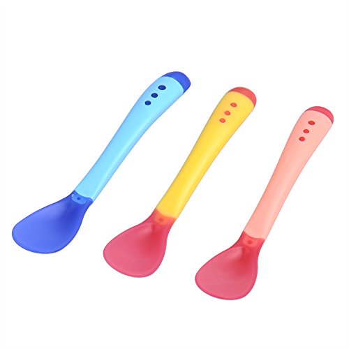 GZQES 3 Pcs Cucharas del Bebe, Cuchara con Temperatura Cambia Color para Usario Seguro,Cuchara de bebé Alimentación