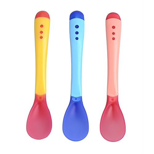 GZQES 3 Pcs Cucharas del Bebe, Cuchara con Temperatura Cambia Color para Usario Seguro,Cuchara de bebé Alimentación