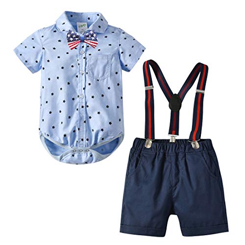 Happy Cherry - Niños Traje Bebés para Fiesta Boda Ceremonia Conjunto de Ropa Formal Verano Algodón Pantalones Cortos+Corbata+Camisa para Infantil de 18-24 Meses - Azul