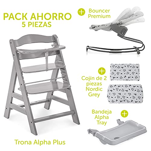 Hauck Alpha Plus XL Newborn Set Preimum - Trona Evolutiva Madera con Hamaca recién nacidos y cojín en algodón - Trona bebe con bandeja extraíble - Gris/Nordic Grey