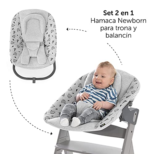 Hauck Alpha Plus XL Newborn Set Preimum - Trona Evolutiva Madera con Hamaca recién nacidos y cojín en algodón - Trona bebe con bandeja extraíble - Gris/Nordic Grey