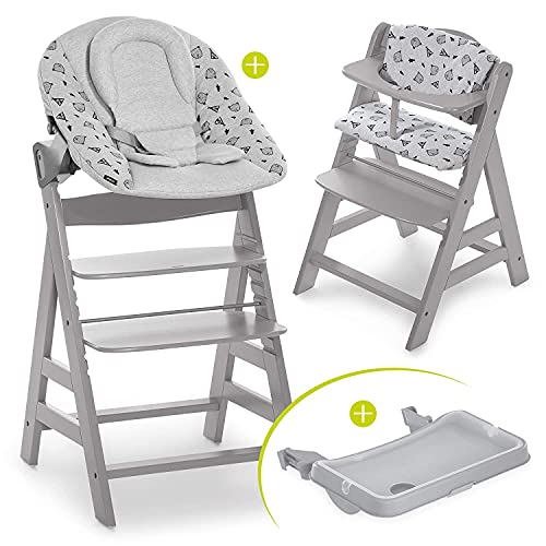 Hauck Alpha Plus XL Newborn Set Preimum - Trona Evolutiva Madera con Hamaca recién nacidos y cojín en algodón - Trona bebe con bandeja extraíble - Gris/Nordic Grey