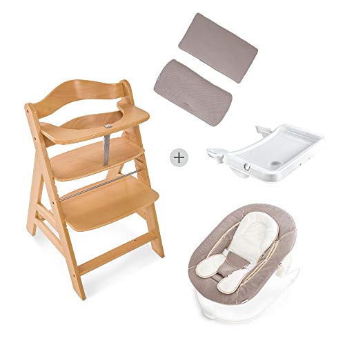 Hauck Newborn Set (4 Piezas): Trona Alpha en natural + Hamaca (con cojin reductor liso) en Stretch Beige + Bandeja en blanco + Cojín Deluxe en beige