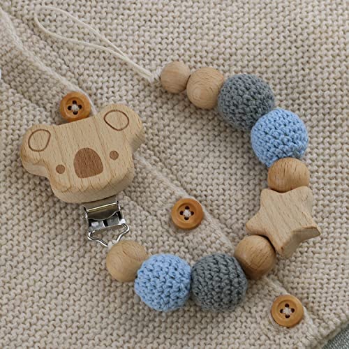 I LOVE MOM Chupetero de Madera y Crochet para Bebé con Figura de Koala, Cadena para Chupetes, Regalo Bebés Recién Nacidos Originales (Azul)