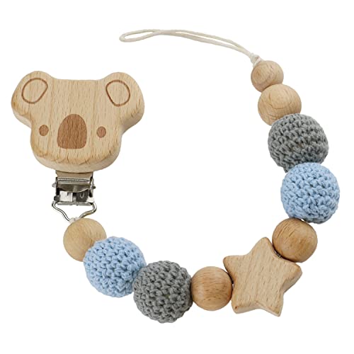 I LOVE MOM Chupetero de Madera y Crochet para Bebé con Figura de Koala, Cadena para Chupetes, Regalo Bebés Recién Nacidos Originales (Azul)