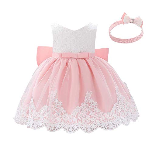 IWEMEK Vestido de encaje para bebé niña, con lazo, para dama de honor, de boda, con tutú, de princesa, para cumpleaños, fiesta, bautizo, 01 rosa claro., 3-6 Meses